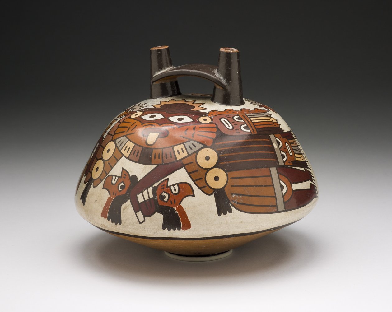 Vaso raffigurante un guerriero mascherato che tiene teste trofeo, 180 a.C.-500 d.C. da Nazca Culture