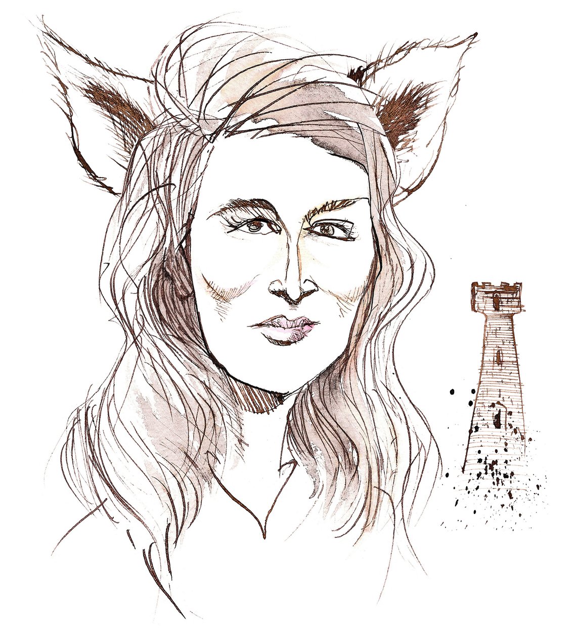 Angela Carter, romanziera e giornalista inglese; caricatura con orecchie di lupo in riferimento alla sua storia The Company of Wolves dal libro The Bloody Chamber (1979) da Neale Osborne