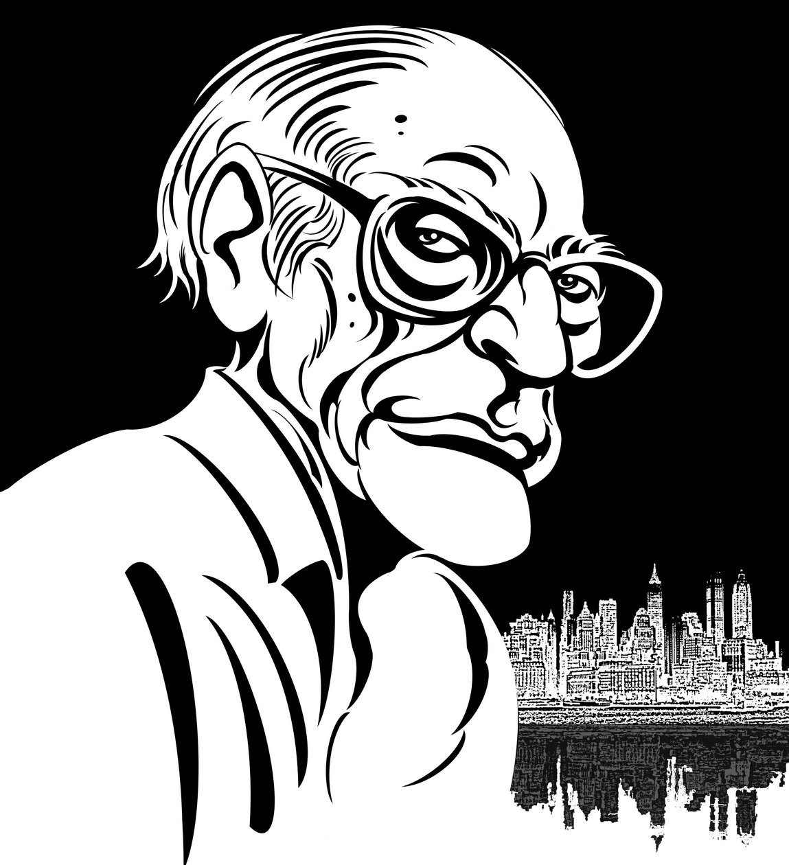 Arthur Miller, drammaturgo americano (1915-2005); caricatura in bianco e nero da Neale Osborne
