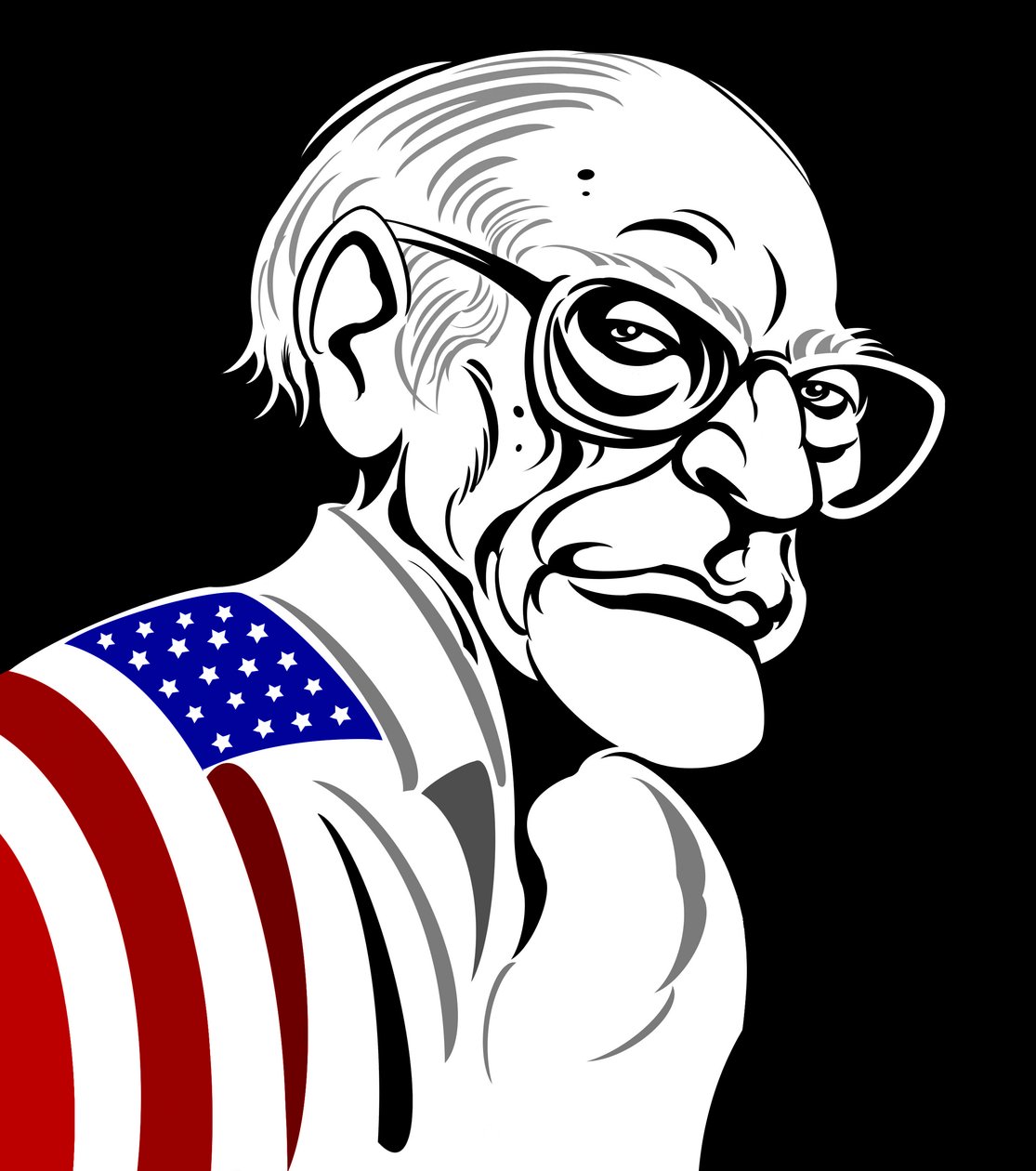 Arthur Miller, drammaturgo americano (1915-2005); caricatura in bianco e nero - a colori, avvolto nella bandiera americana da Neale Osborne