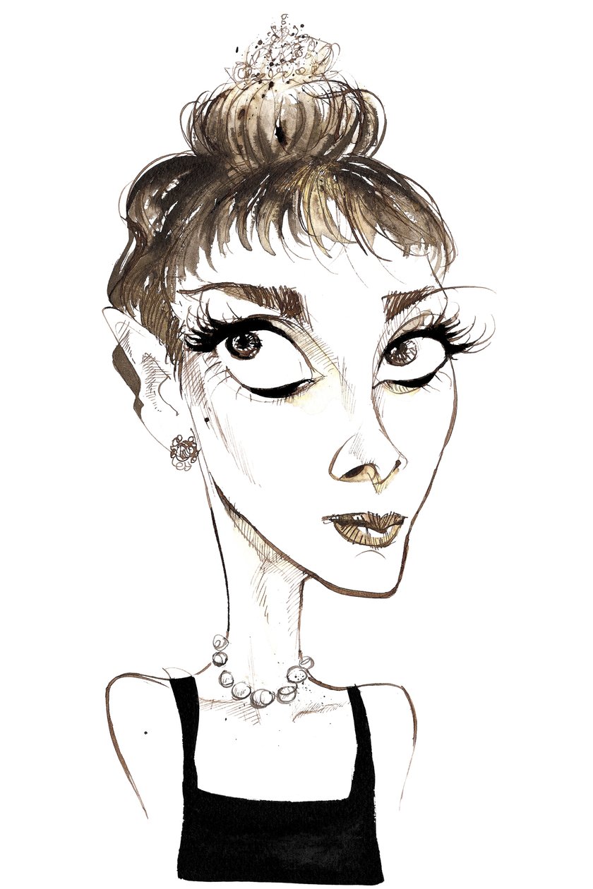 Audrey Hepburn (1929-1993) attrice belga, caricatura a colori come Holly Golightly dal film del 1961 Colazione da Tiffany (diretto da Blake Edwards) da Neale Osborne