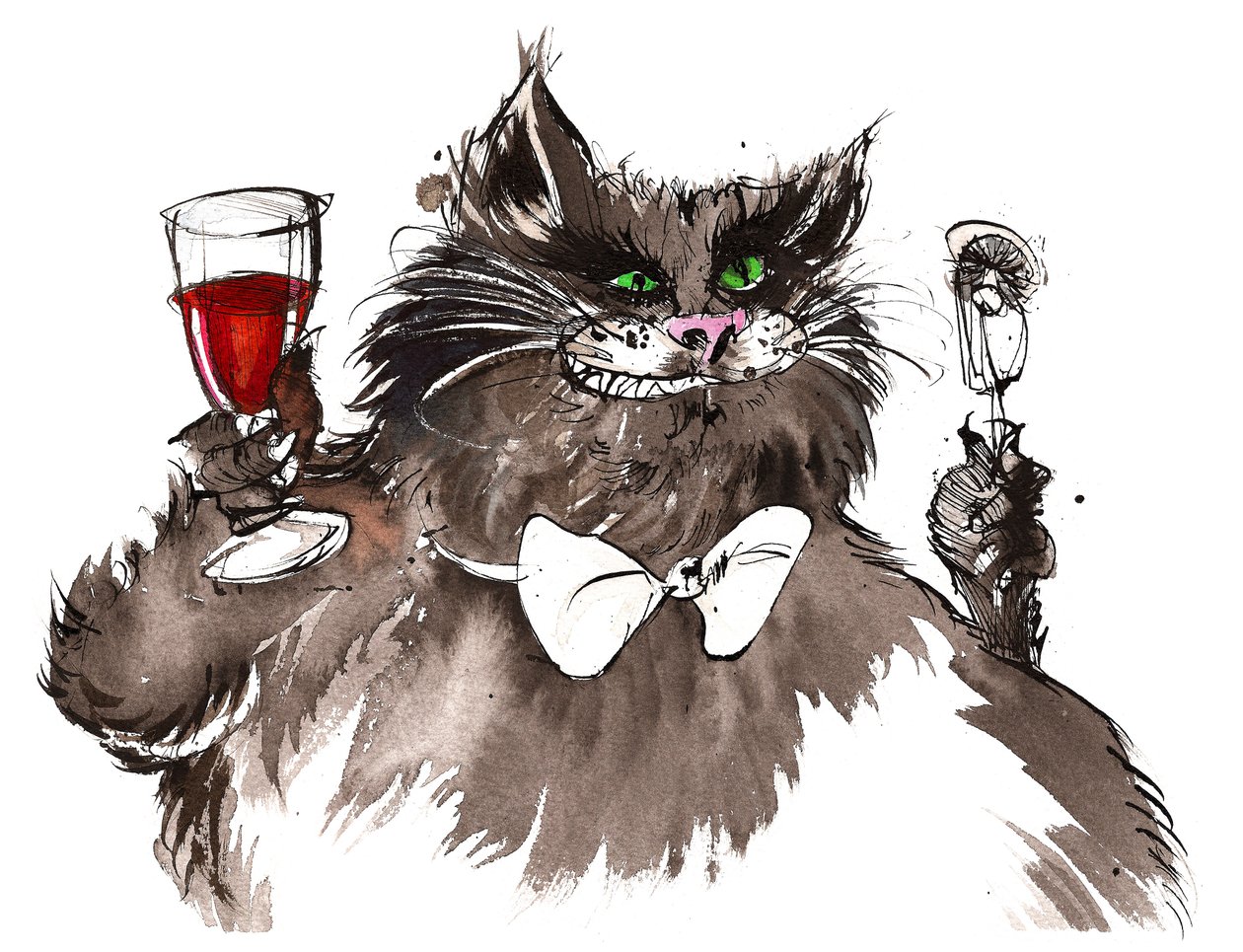 Behemoth, personaggio de Il Maestro e Margherita di Mikhail Bulgakov (drammaturgo e autore russo, 1891-1940); disegno a inchiostro da Neale Osborne