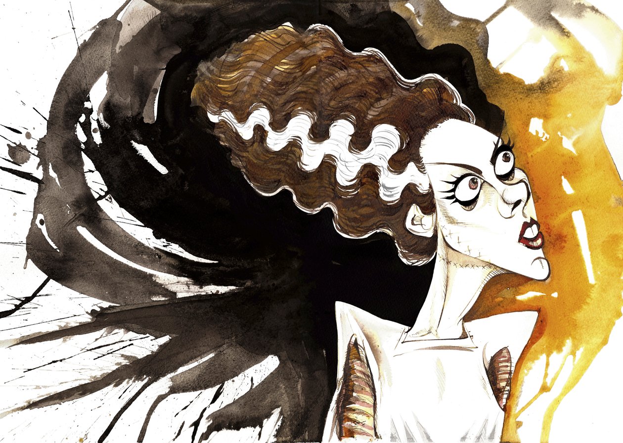 Elsa Lanchester, attrice inglese (1902 - 1986); caricatura come la sposa del film del 1935 La moglie di Frankenstein, diretto da James Whale (attore e regista inglese, 1889-1957) da Neale Osborne