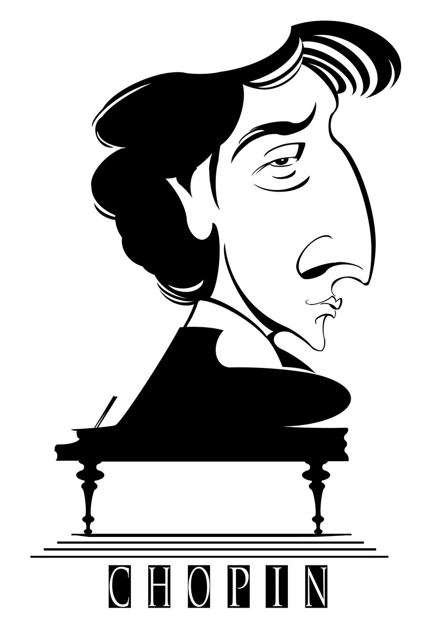 Frederic Chopin, compositore e pianista franco-polacco (1810-49), caricatura grafica in bianco e nero con pianoforte da Neale Osborne