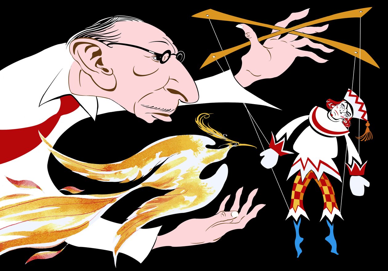 Igor Stravinsky - caricatura del russo con un uccello di fuoco e Petrushka dal suo balletto L
