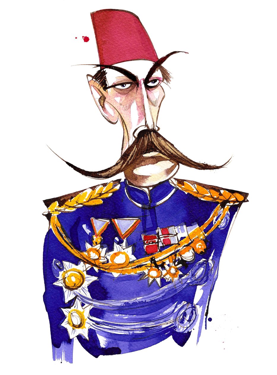Primo Conte Kitchener, nato in Irlanda; caricatura a colori in uniforme e fez da Neale Osborne