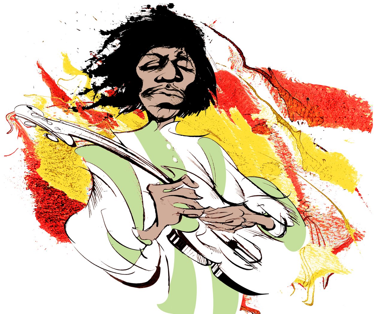 Jimi Hendrix, chitarrista americano (1942-70), caricatura a colori da Neale Osborne