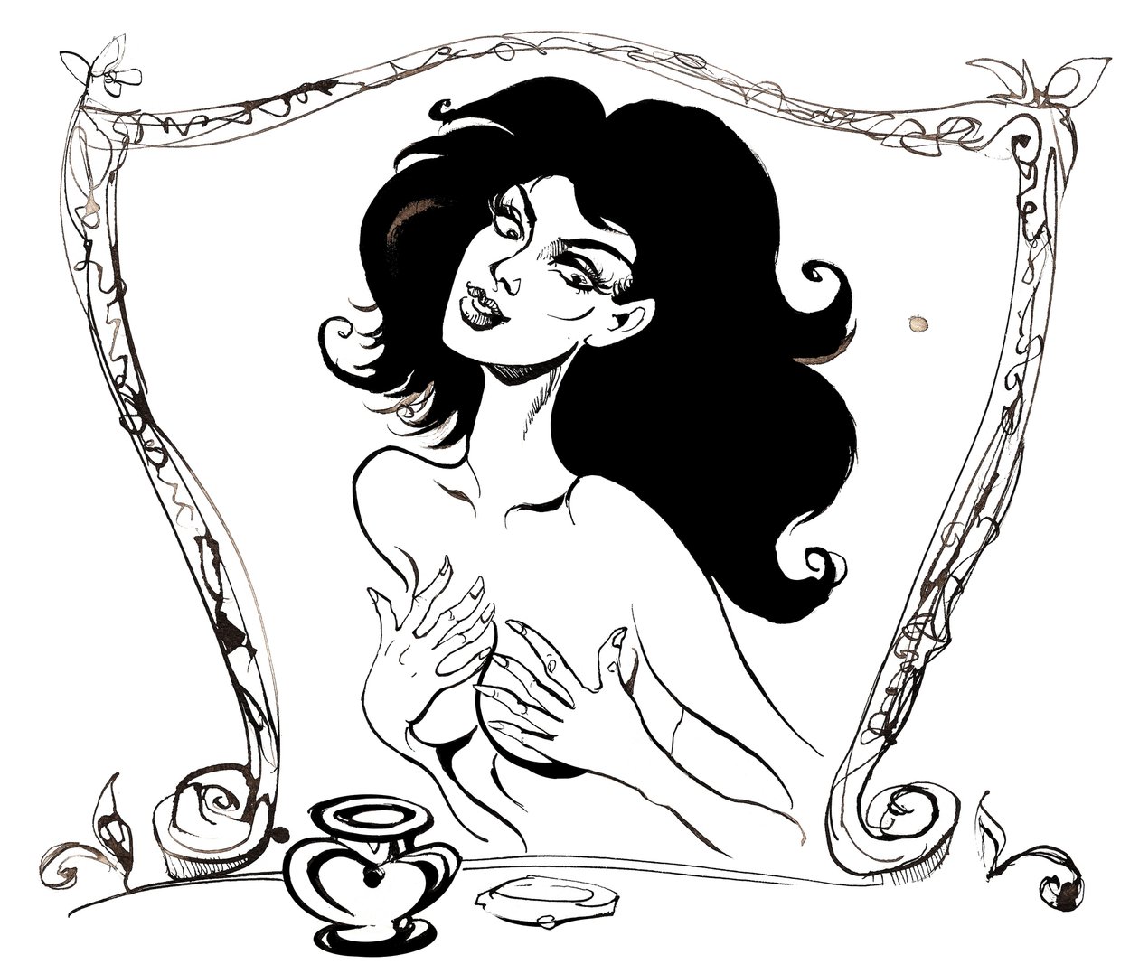 Margherita davanti allo specchio, illustrazione per Il Maestro e Margherita di Mikhail Bulgakov (drammaturgo e autore russo, 1891-1940); disegno a inchiostro, 2015 da Neale Osborne
