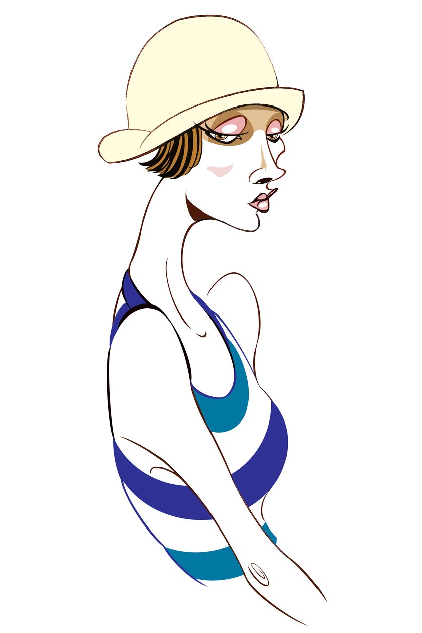 Modella con cappello cloche e top a righe blu da Neale Osborne