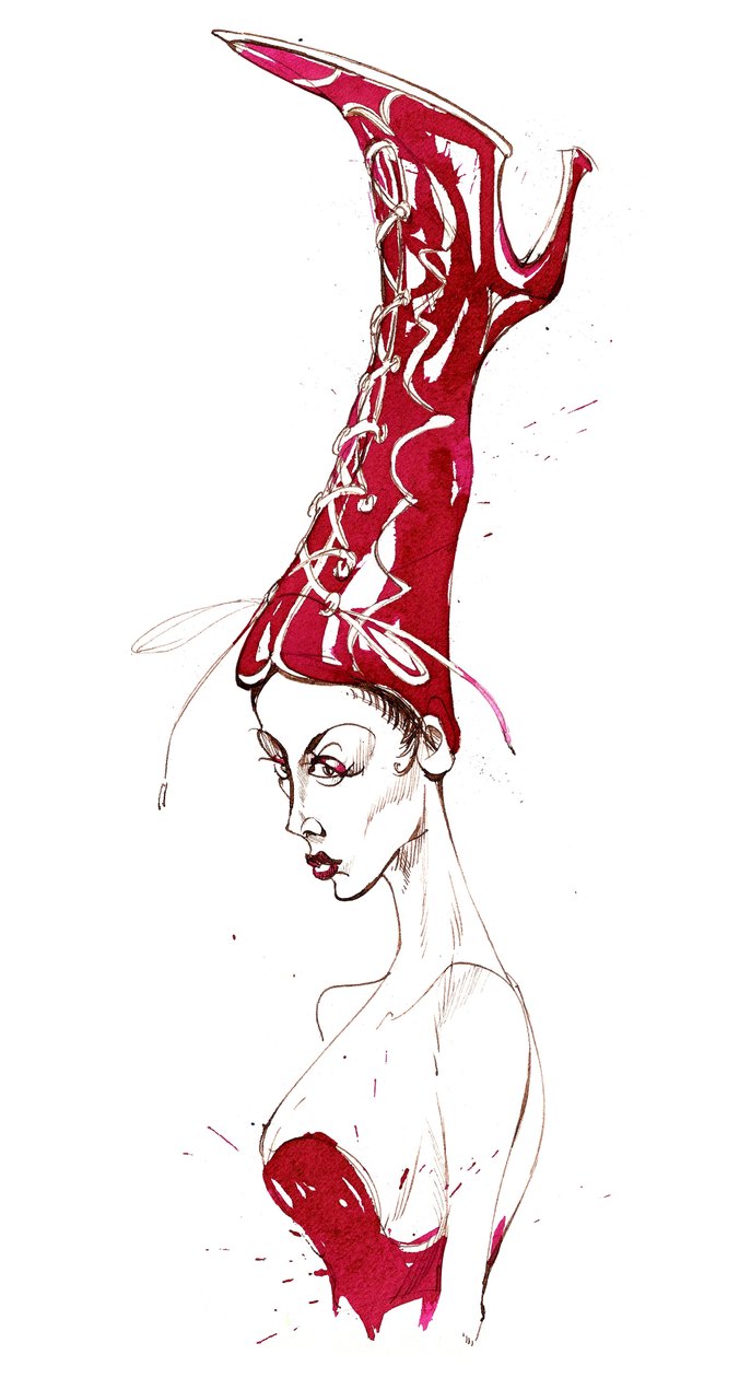 Stivale rosso con cappello: da una serie ispirata al cappello a forma di scarpa di Elsa Schiaparelli da Neale Osborne