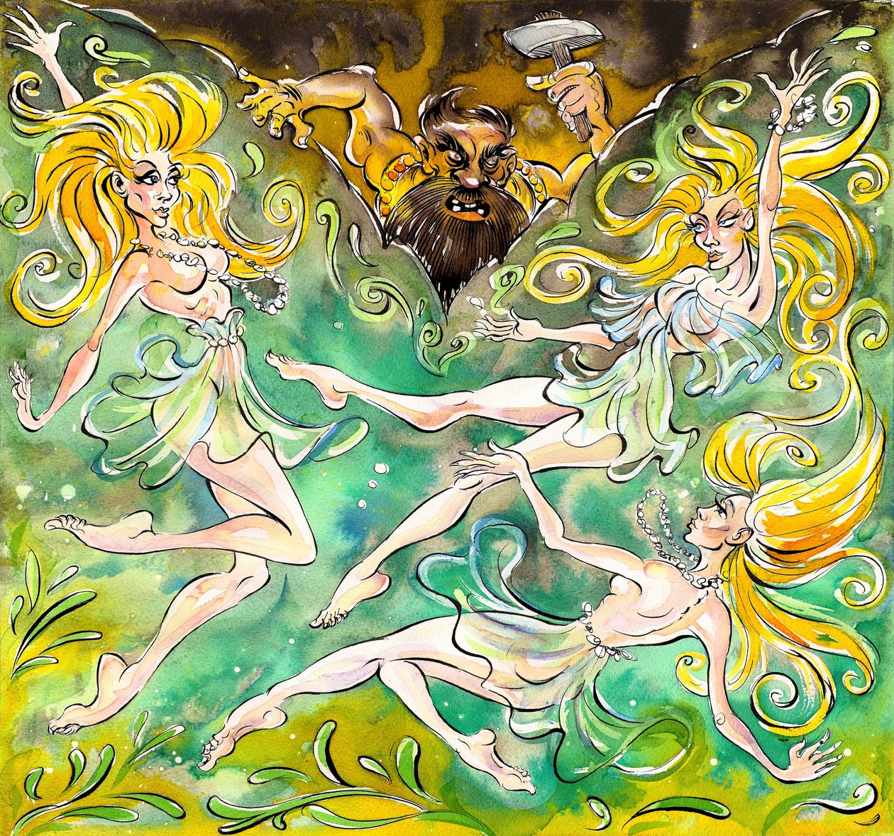 Rheintöchter in Rheingold di Wagner con Woglinde, Wellgunde e Flosshilde e Alberich sullo sfondo da Neale Osborne