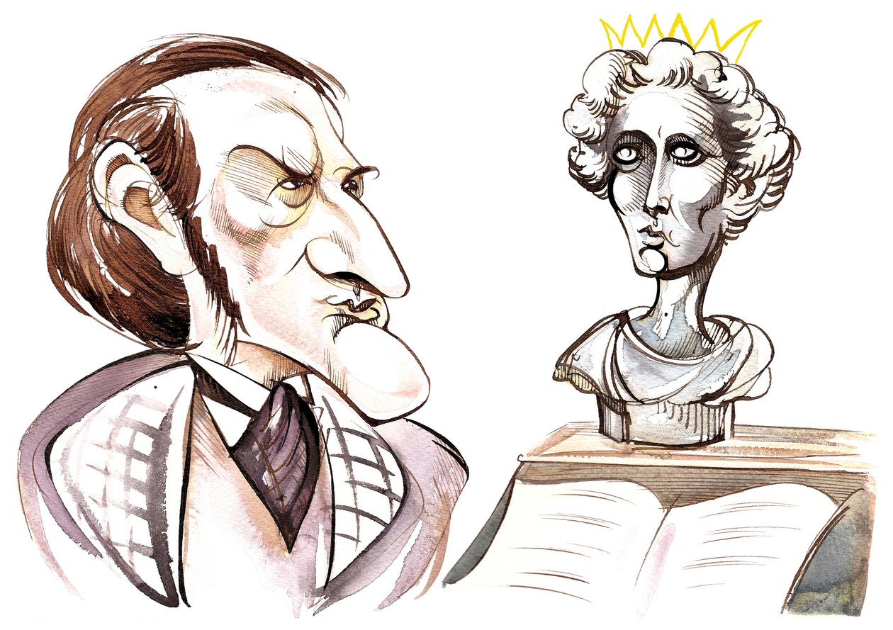 Caricatura di Richard Wagner con un busto di Re Ludovico II di Baviera da Neale Osborne