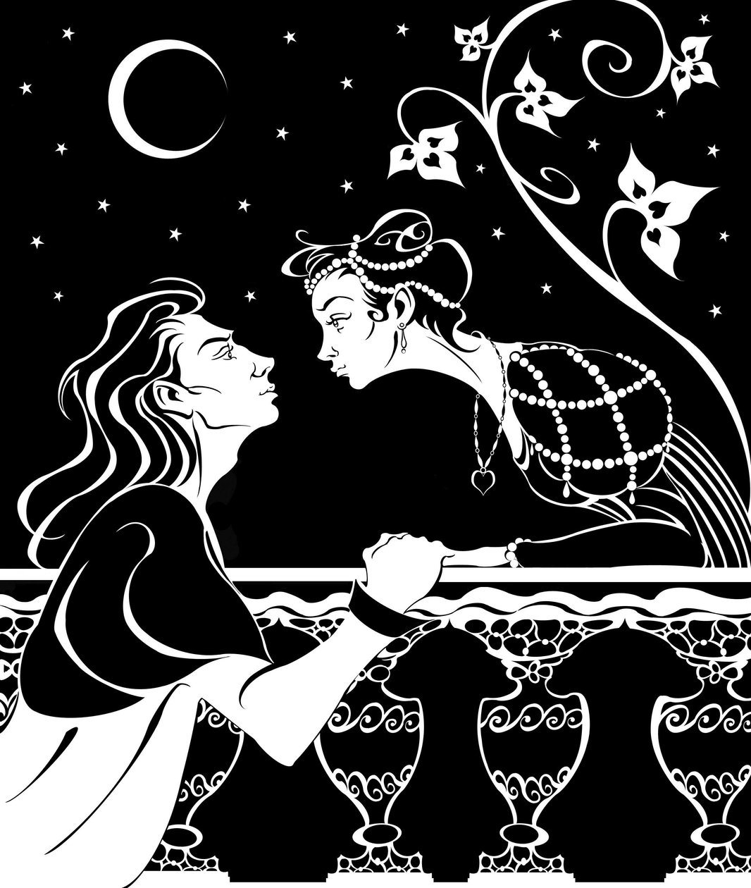 Romeo e Giulietta, illustrazione della scena del balcone dalla commedia di William Shakespeare da Neale Osborne