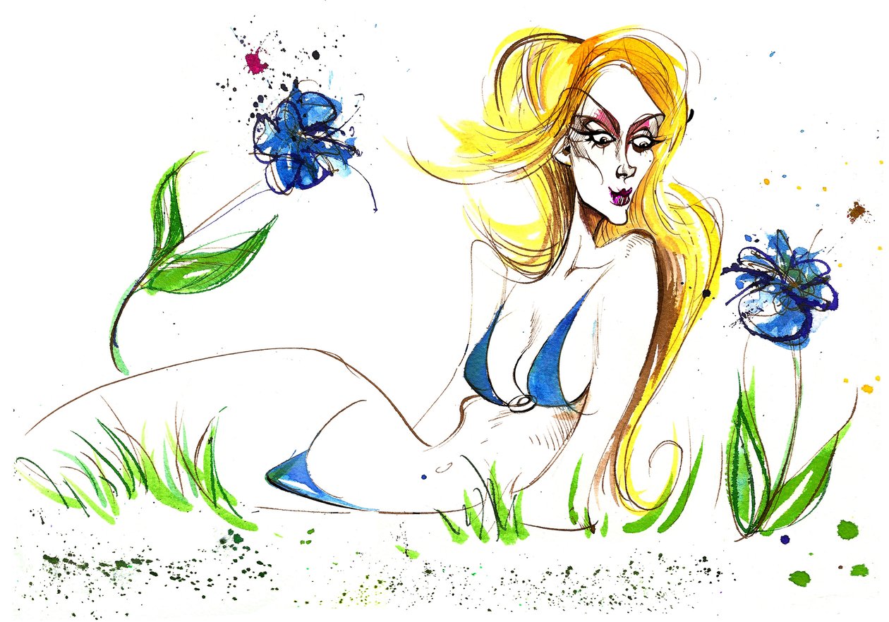 Segni dello Zodiaco: Vergine blu da una serie di caricature di moda, uno per ogni segno dello zodiaco da Neale Osborne