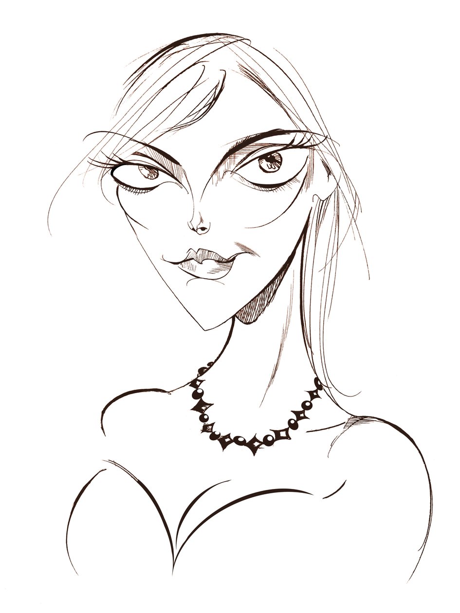 Sophie Dahl, autrice e modella inglese, caricatura a linee seppia, 2008 da Neale Osborne