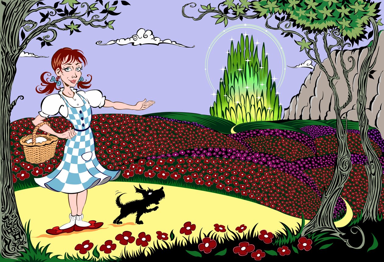 Il meraviglioso mago di Oz: Dorothy e Toto sulla Strada di Mattoni Gialli verso la Città di Smeraldo da Neale Osborne