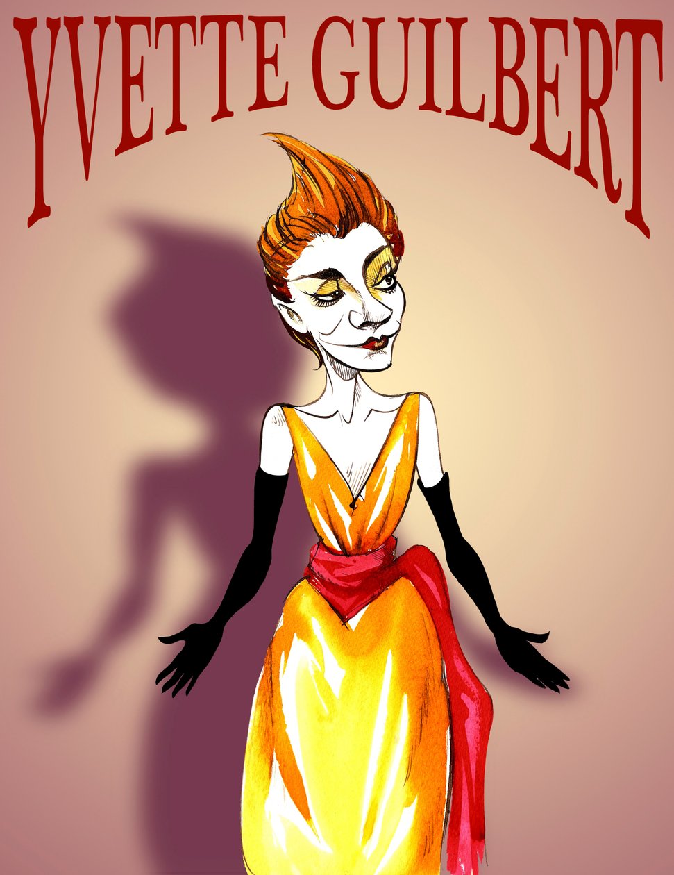 Yvette Guilbert, caricatura, con scritte in stile poster belle époque da Neale Osborne