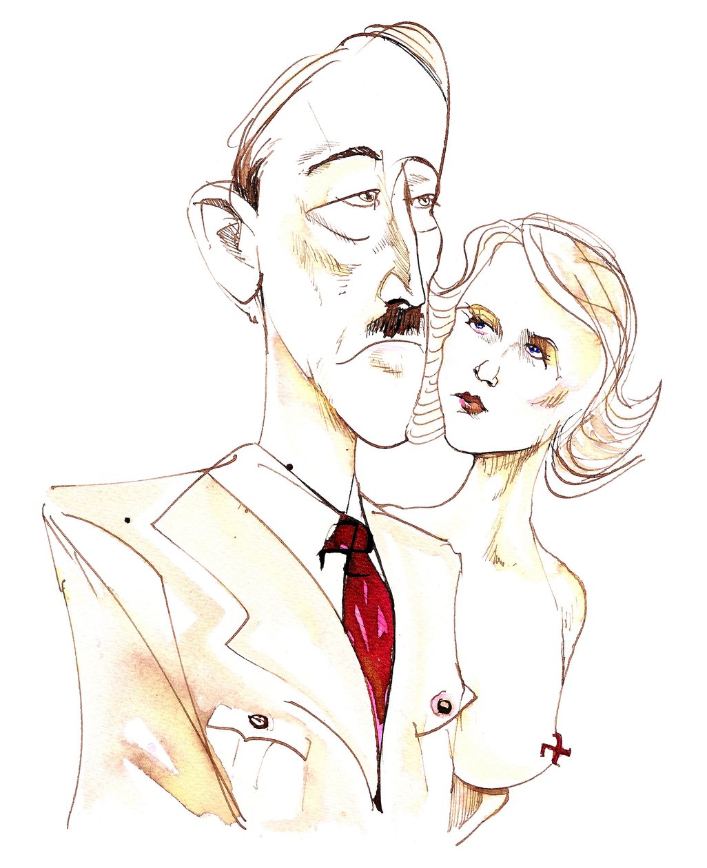 Adolf Hitler con la sua amante Eva Braun - caricatura a colori da Neale Osborne