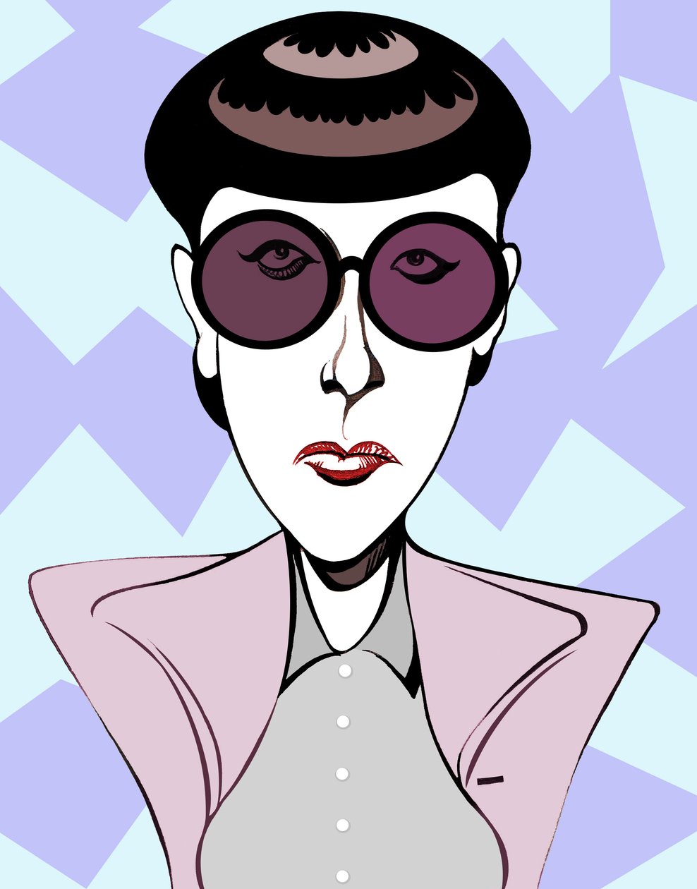 Edith Head, caricatura a colori con occhiali scuri da Neale Osborne