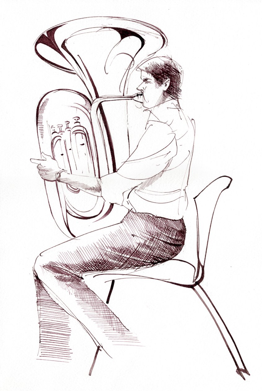 Suonatore di tuba - disegno a inchiostro di un musicista che si esibisce da Neale Osborne