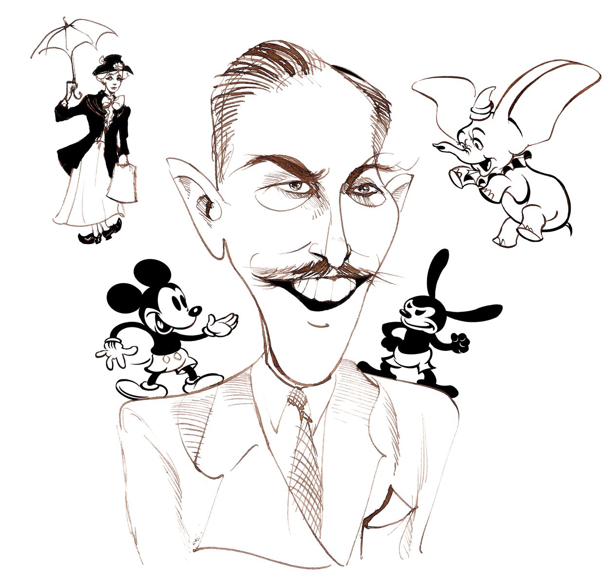 Walt Disney, produttore cinematografico americano, magnate degli affari, fumettista e animatore; caricaturato con Mary Poppins da Neale Osborne
