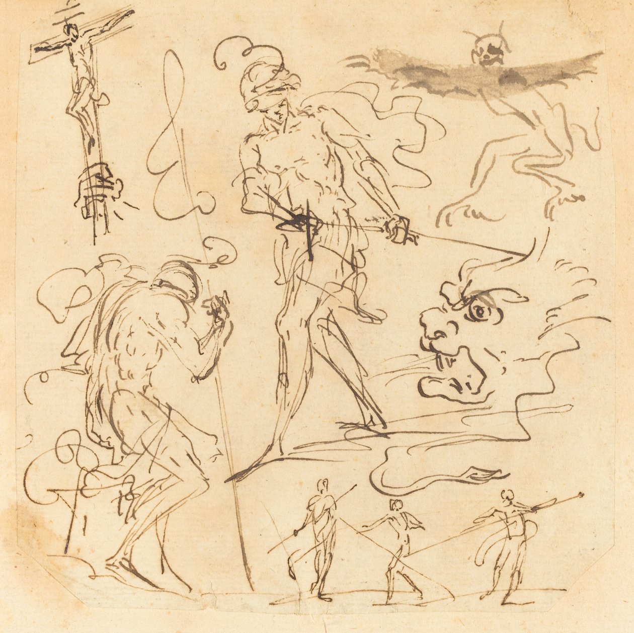 Foglio di studi con un soldato che sguaina una spada, un crocifisso, animali mostruosi e altre figure da Neapolitan 17th Century
