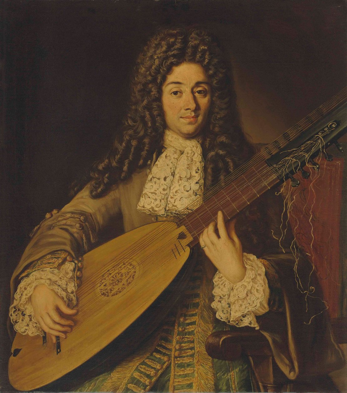 Ritratto di un musicista, probabilmente Petruccio, a mezzo busto, che suona un tiorba da Neapolitan School
