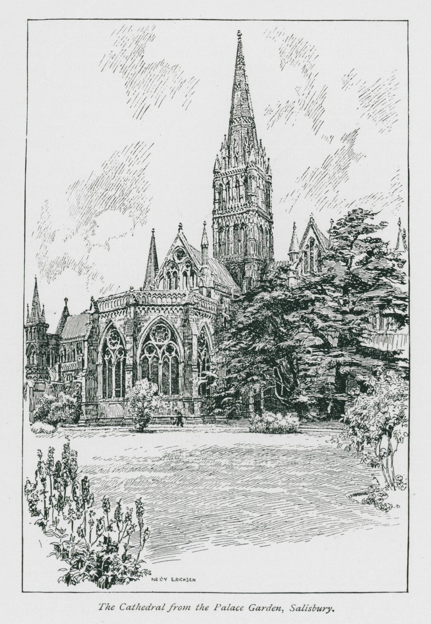 La cattedrale dal giardino del palazzo, Salisbury (litografia) da Nelly Erichsen