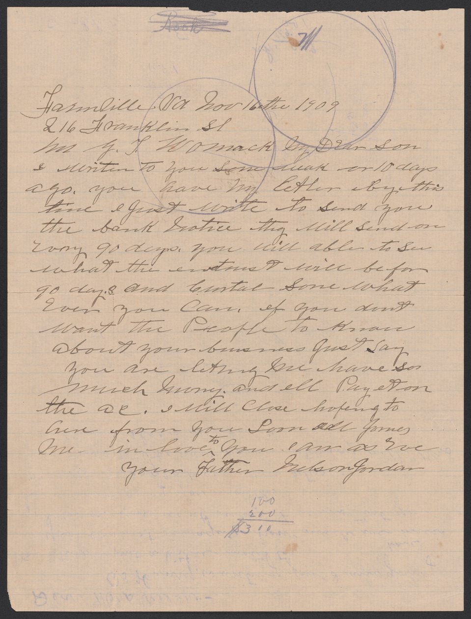 Lettera di Nelson Jordan a Julia Womack con una busta da Nelson Jordan