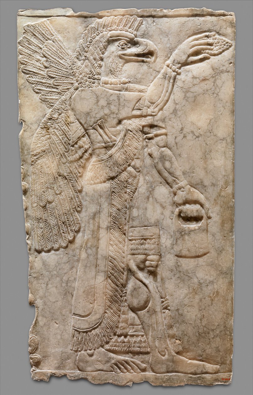 Pannello in rilievo di figura soprannaturale con testa di aquila, c.883-59 a.C. da Neo Assyrian
