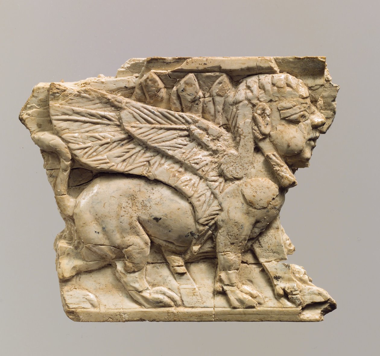 Placca di mobilio scolpita in rilievo con sfinge, c.9°-8° secolo a.C. da Neo Assyrian