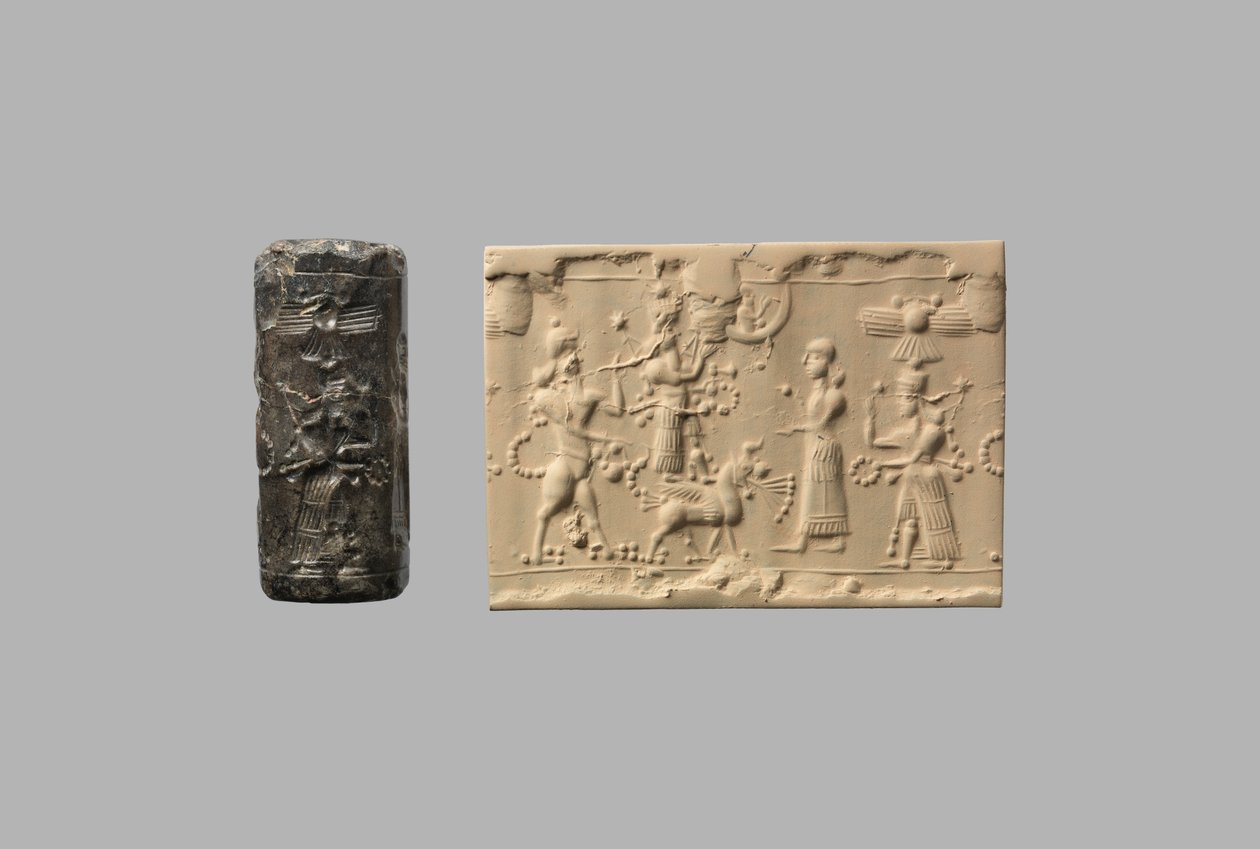 Sigillo cilindrico con uomo-scorpione e impressione moderna, c. VIII-VII secolo a.C. (quarzo, cripto-cristallino) da Neo Assyrian