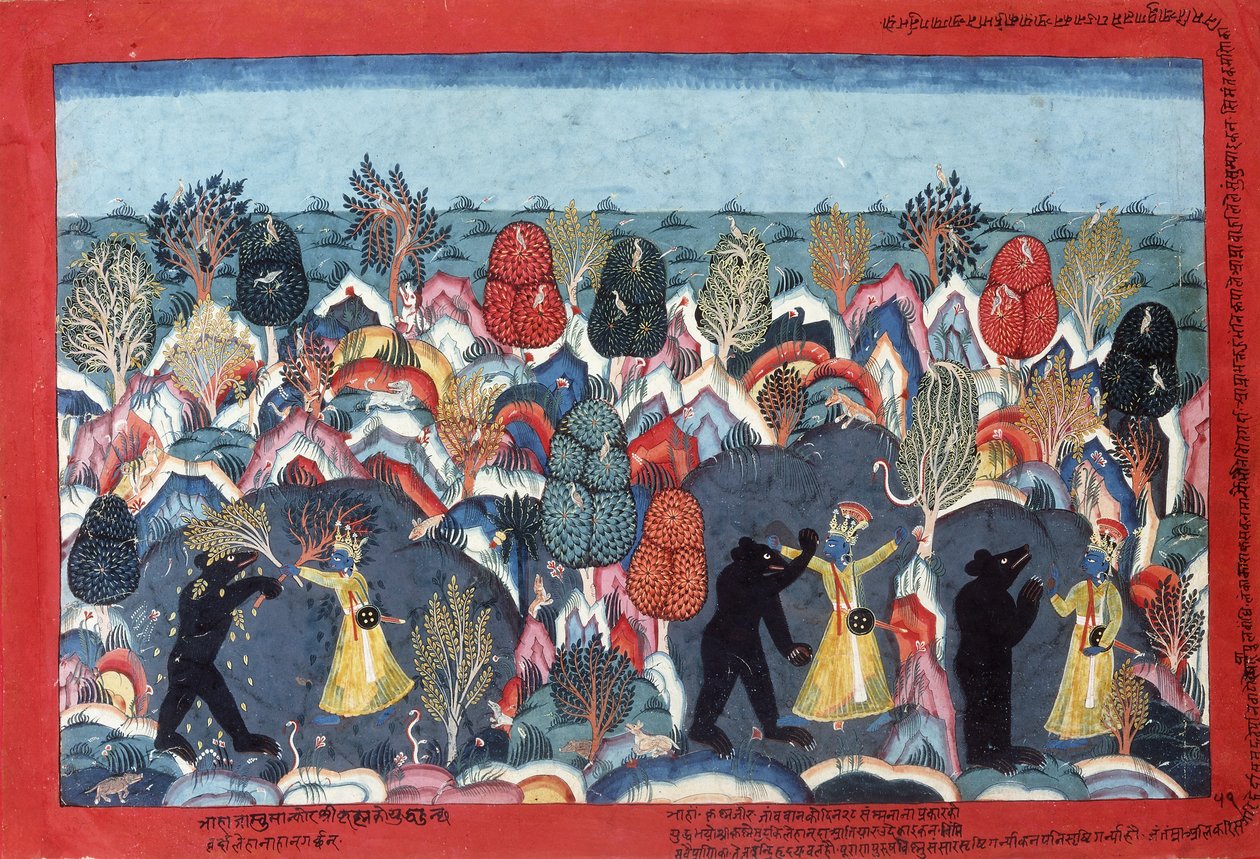 Krishna che Combatte Jambavata, Re degli Orsi da Nepalese School