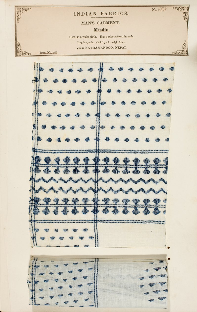 Campione di mussola da Kathamandoo in Nepal, da The Collection of the Textile Manufacturers of India, di John Forbes Watson, pubblicato nel 1866 da Nepalese School