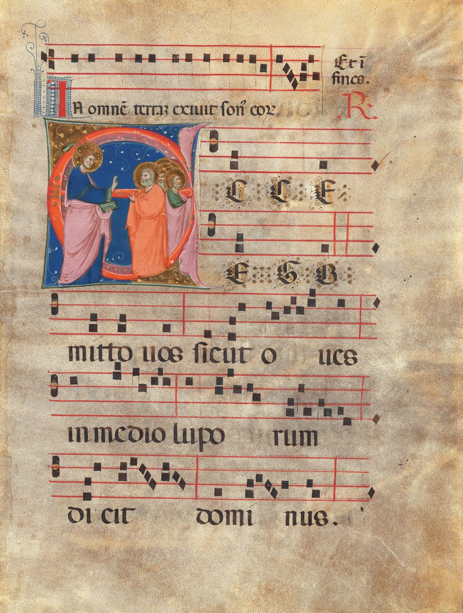 Folio antifonale con iniziale istoriata "E" (CBL W 195.097) da Neri da Rimini