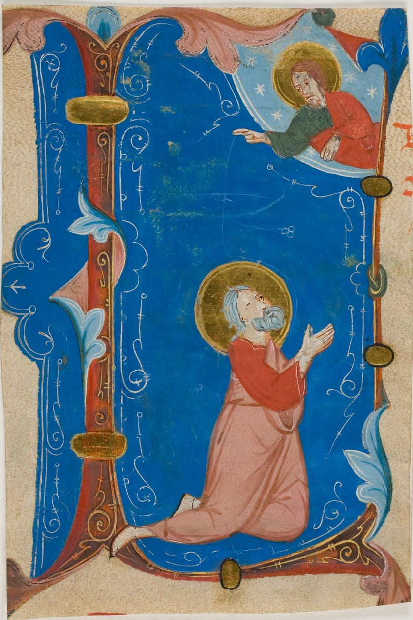 Santo orante (Mosè?) con Cristo in una lettera istoriata "L", da un libro corale da Neri da Rimini