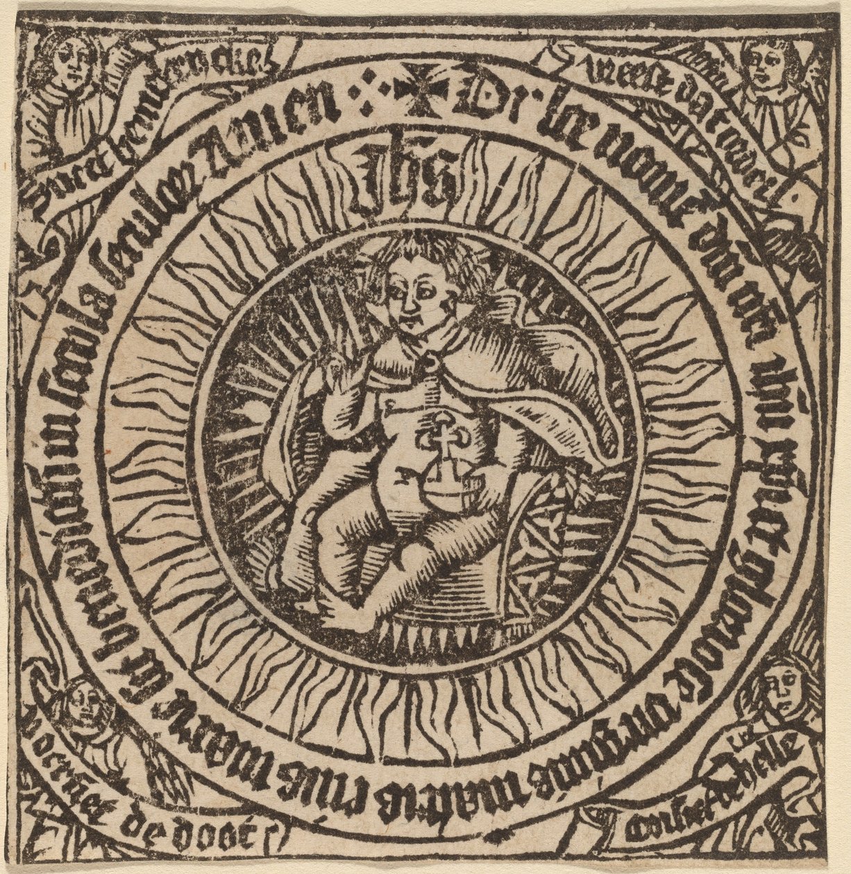 Divino Infante con il globo in un cerchio con quattro angeli da Netherlandish 15th Century
