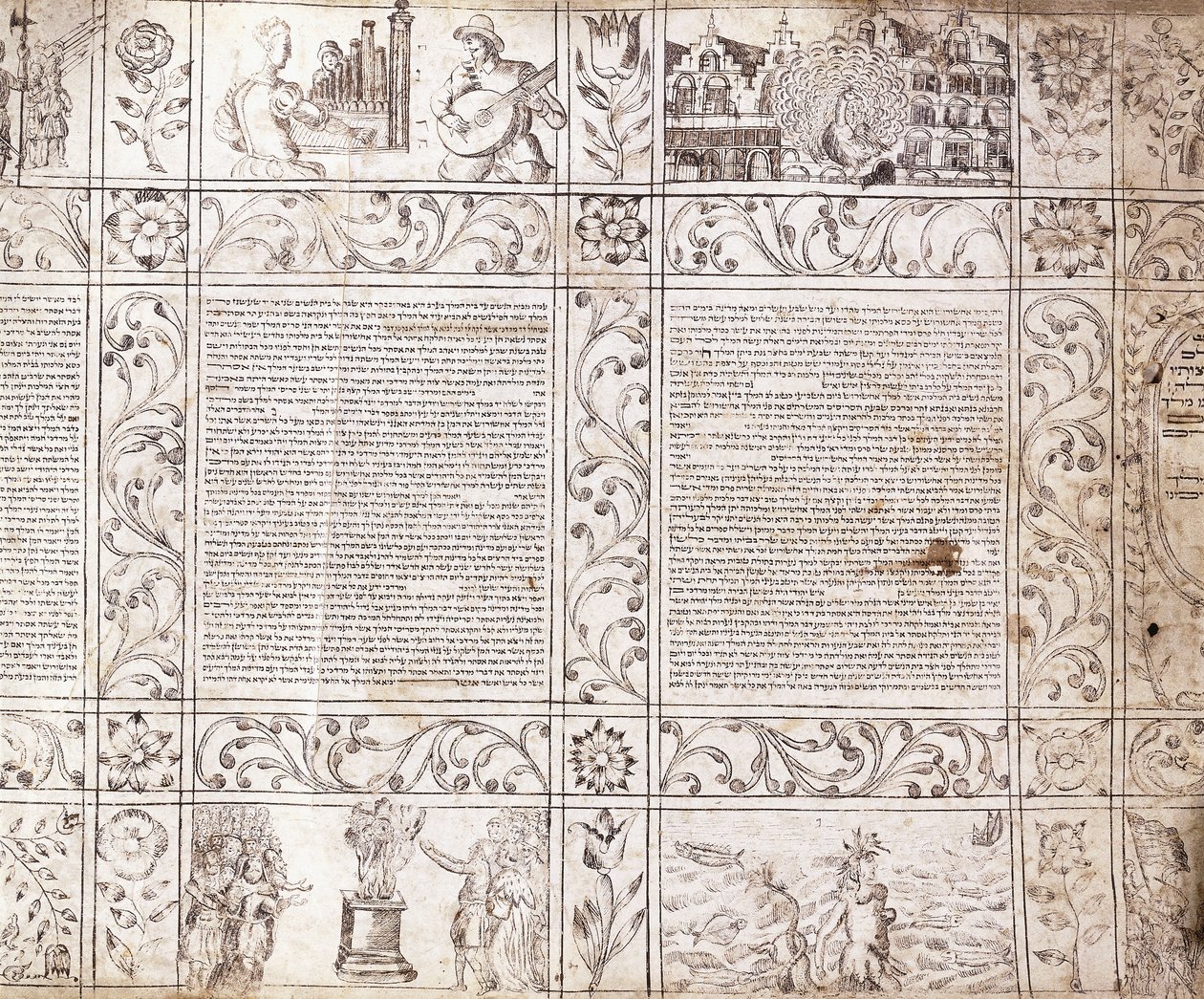 Manoscritto illuminato in scrittura sefardita, che mostra scene di vita olandese e la Bibbia con cartigli floreali da Netherlandish School