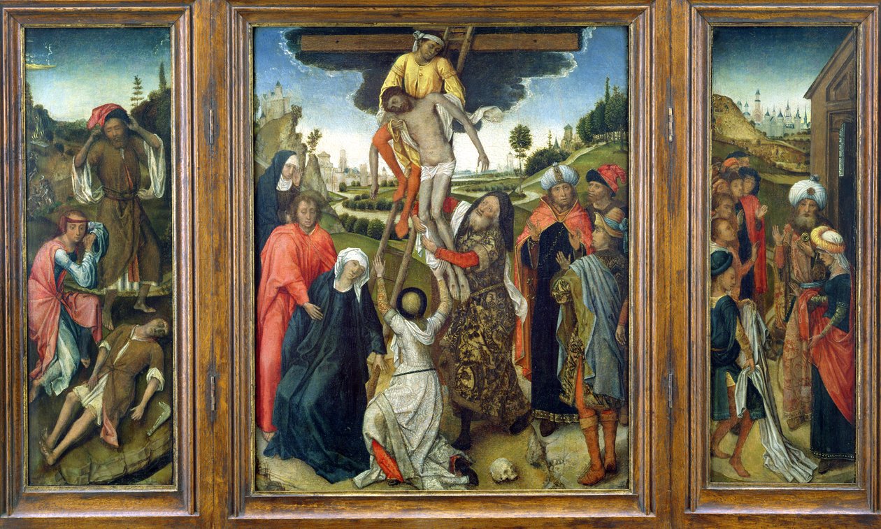 La Deposizione, affiancata da (L) Adamo ed Eva in lutto per Abele e (R) Il mantello di Giuseppe mostrato a Giacobbe, trittico, c.1470 da Netherlandish School