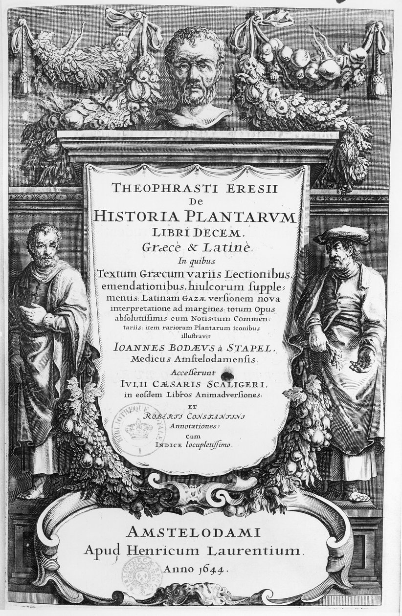 Pagina del titolo di Historia Plantarum Libri Decem di Teofrasto (c.372-c.287 a.C.) pubblicata ad Amsterdam nel 1644 da Netherlandish School