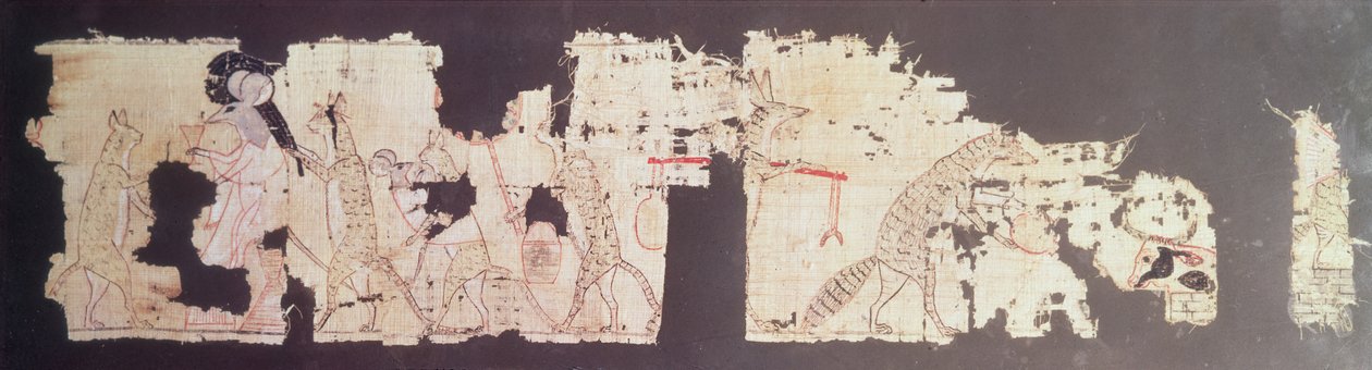 Papiro satirico raffigurante un topo servito da gatti (papiro) da New Kingdom Egyptian