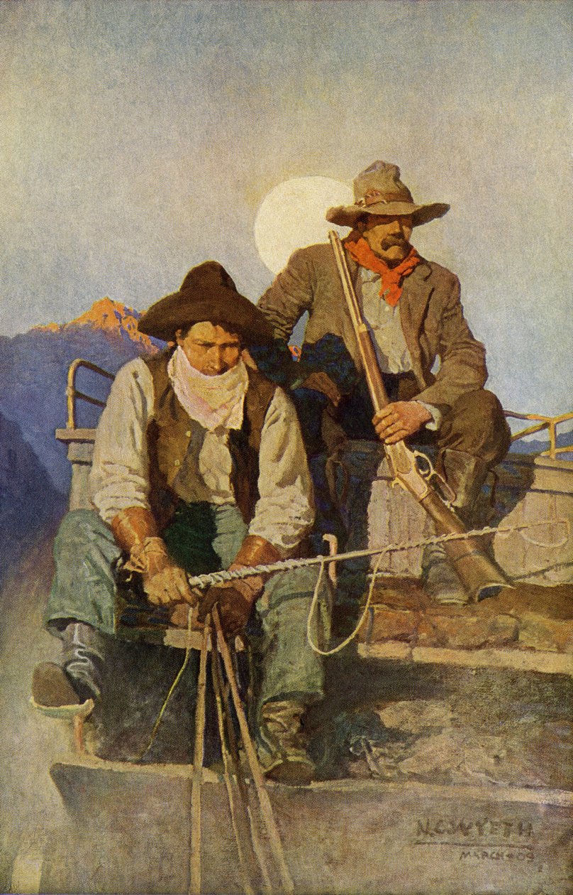 Un conducente e una guardia con un esercito che attraversa le regioni occidentali. Riproduzione di un dipinto di N.C. Wyeth. da Newell Convers Wyeth