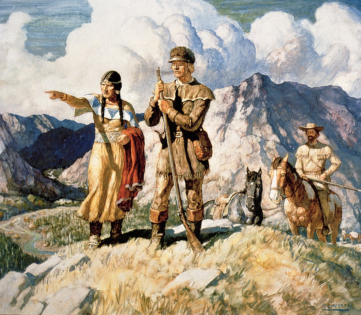 Sacagawea con Lewis e Clark durante la loro spedizione del 1804-06 (litografia a colori) da Newell Convers Wyeth