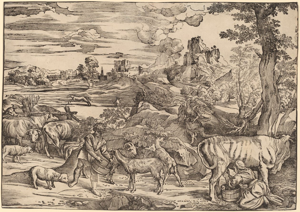 Paesaggio con lattaia da Niccolò Boldrini after Titian