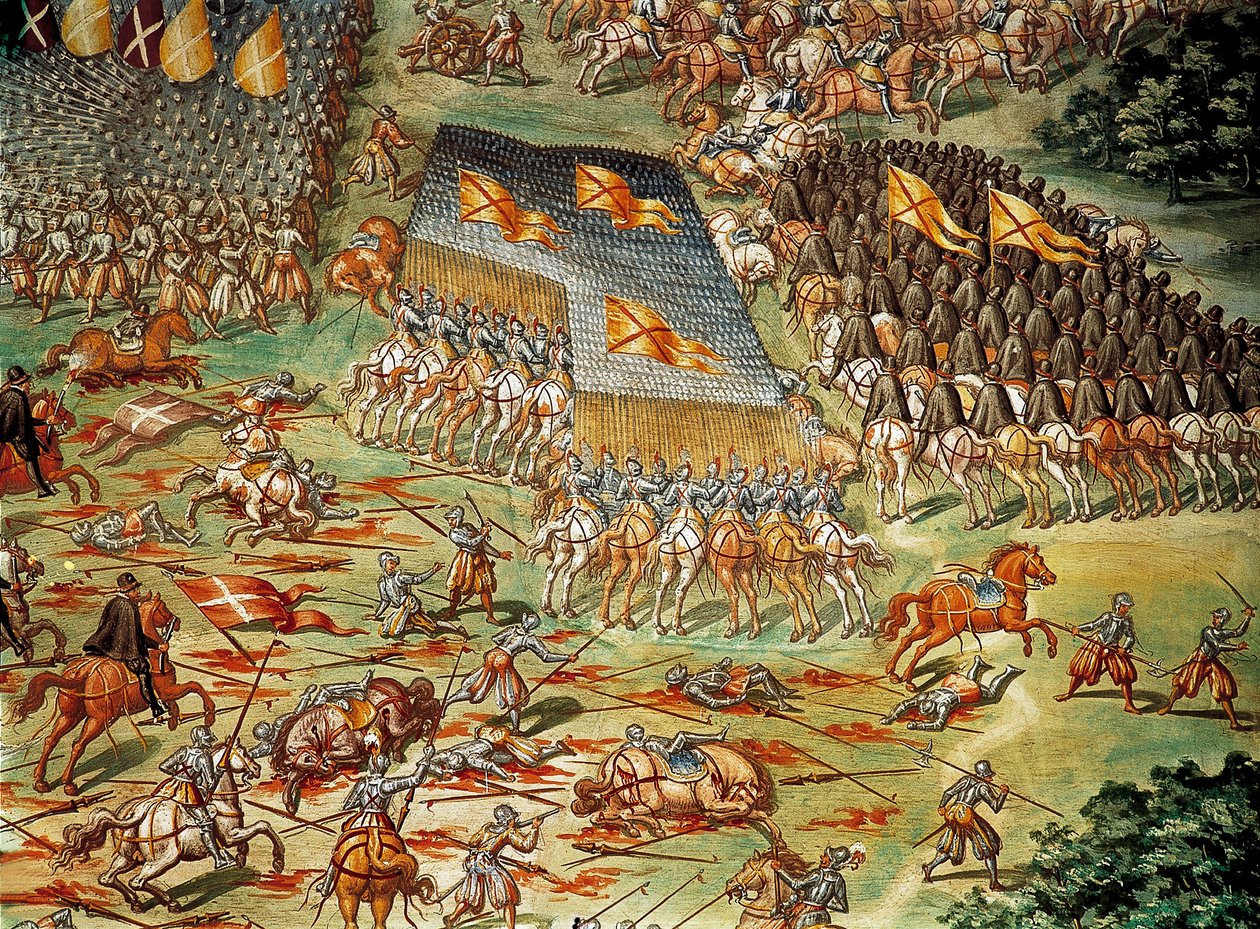 La Battaglia di San Quintino, che vide la vittoria degli spagnoli sui francesi nel 1557, durante le Guerre Italiane, dettaglio con attacco di cavalleria da Niccolo (and workshop) Granello
