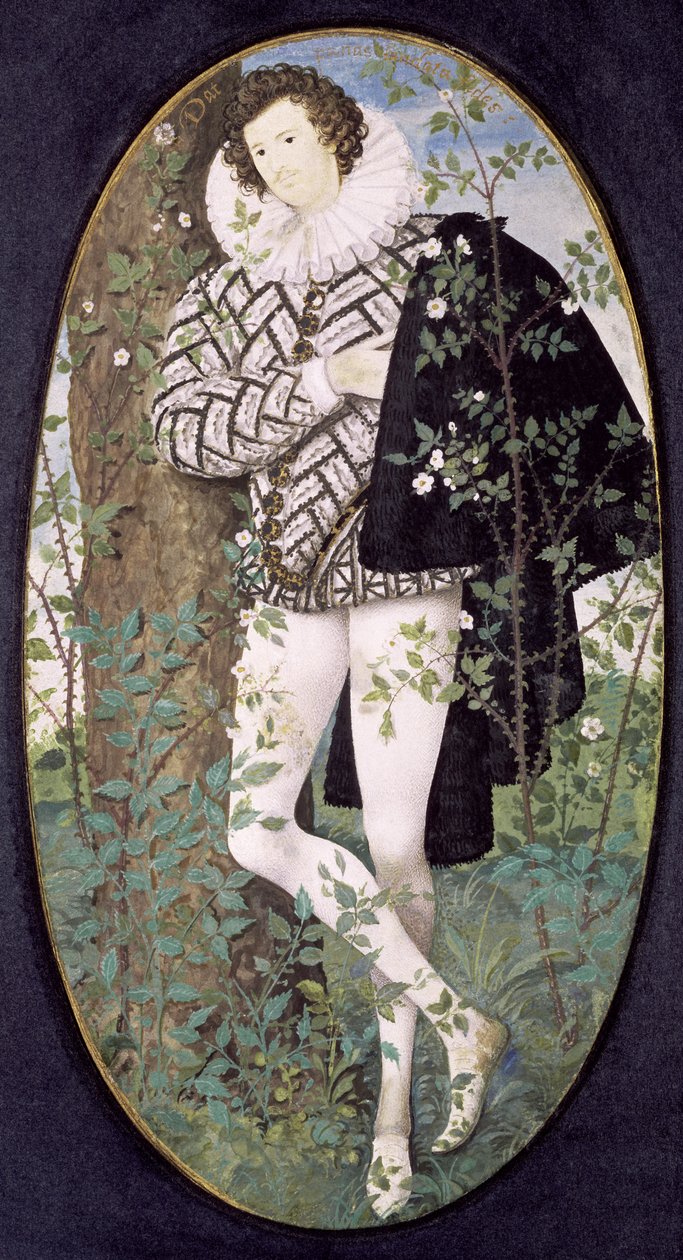 Un giovane uomo appoggiato a un albero tra le rose da Nicholas Hilliard