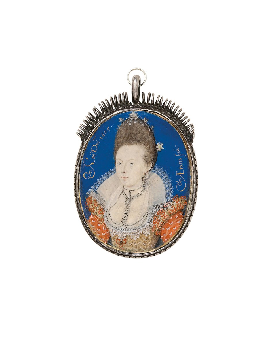 Una signora in abito dorato con colletto alto, 1605 da Nicholas Hilliard
