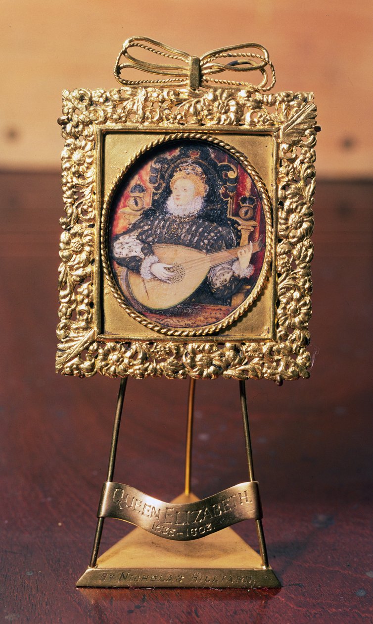 Regina Elisabetta I che suona il liuto (miniatura con supporto in ottone) da Nicholas Hilliard