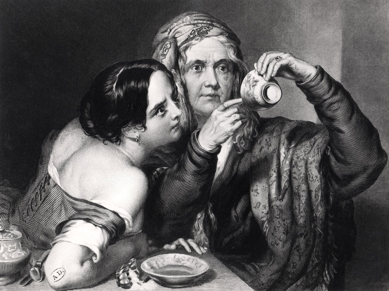Predire il futuro leggendo i fondi di caffè, inciso da Charles William Sharpe da Nicholas Joseph Crowley