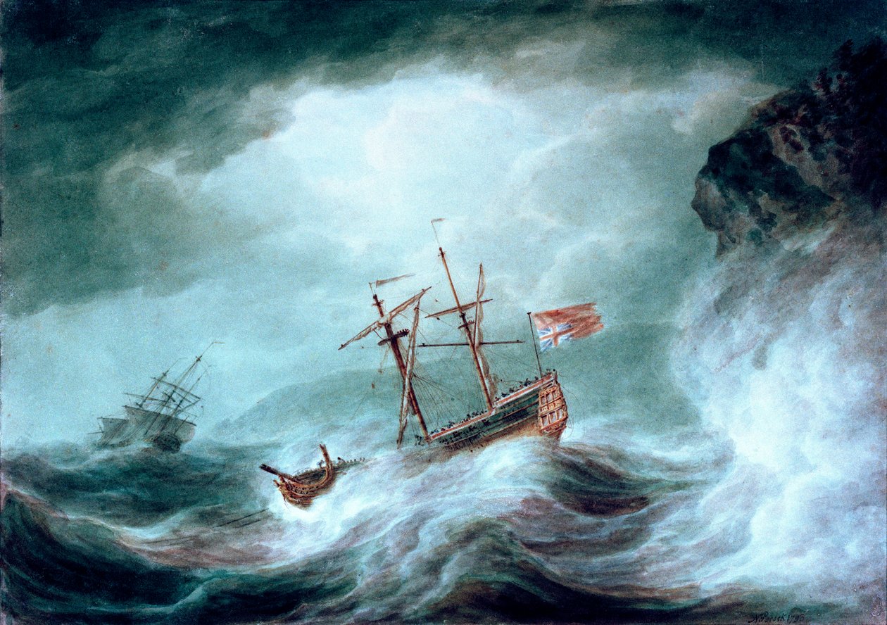 Una tempesta, con una nave ancorata in difficoltà al largo di una costa rocciosa da Nicholas Pocock